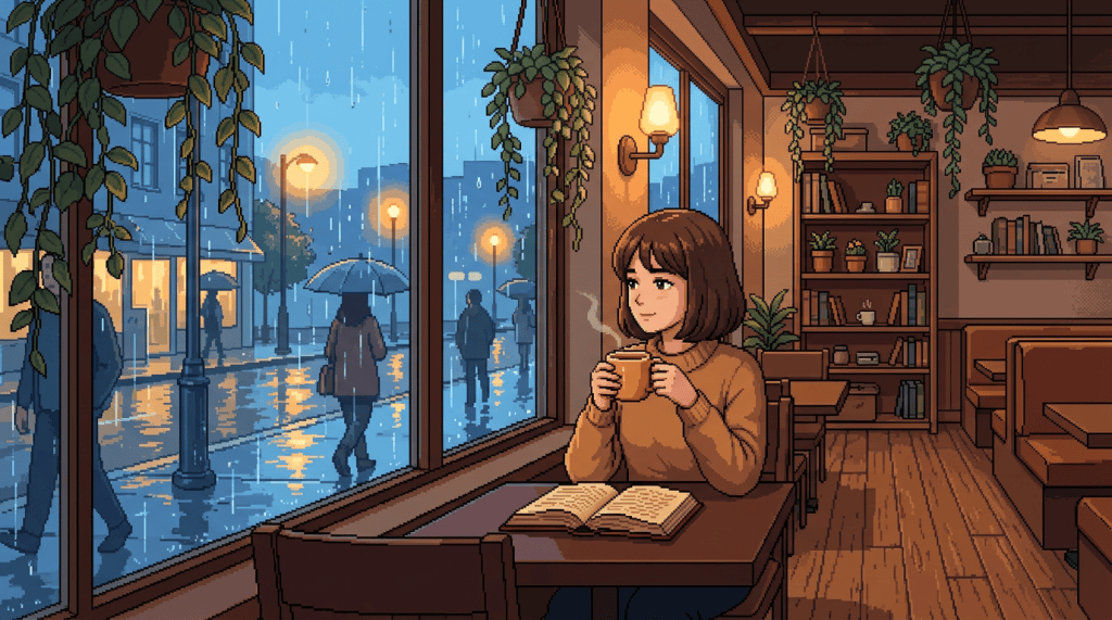 Woman drinking tea and reading beside a rainy café window