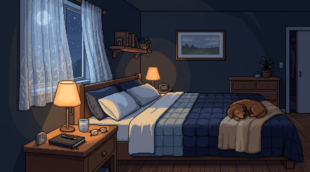 Pixel-art bedroom with moonlit window, warm lamps, and sleeping dog