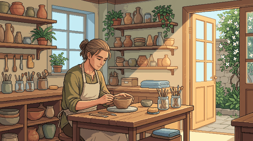 Potter shaping a clay bowl at a worktable in a ceramics studio