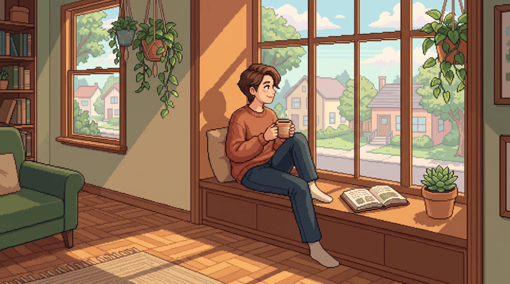 Person drinking coffee on a sunny window seat beside an open book