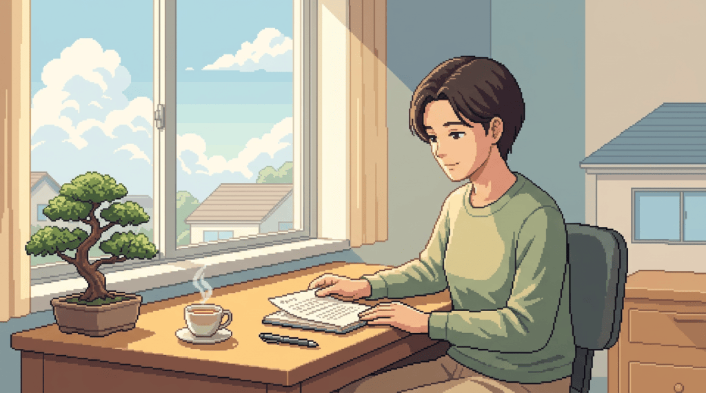Person writing at a desk beside coffee and bonsai tree