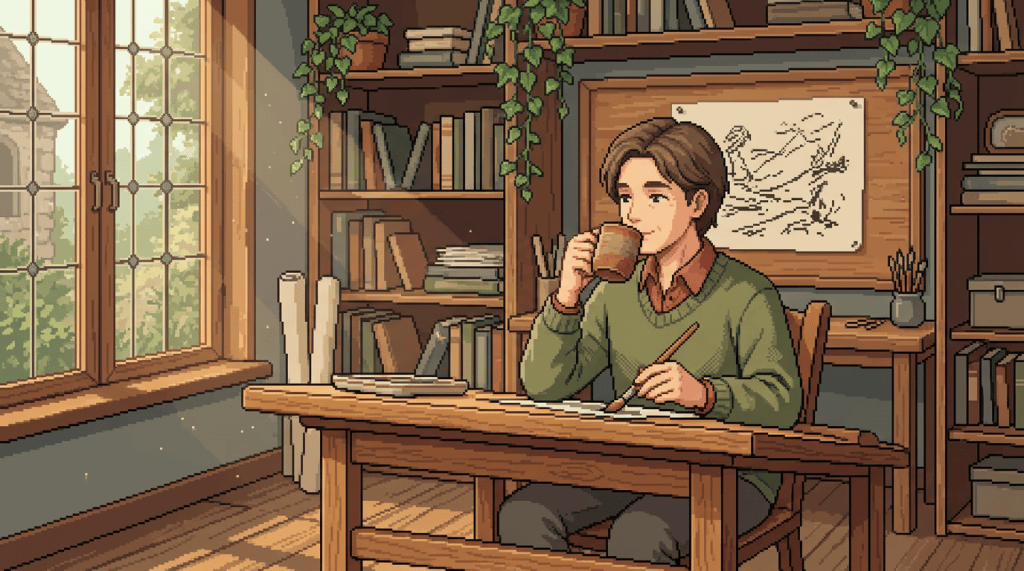 Scholar drinking tea and writing at a desk in a library